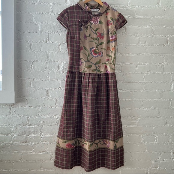 Vintage Dresses & Skirts - Vintage Dress Womens Mixed Plaid Floral Print Maxi Prairie Folk Eclectic Country